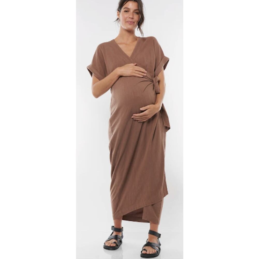 Bar Maternity Maxi Wrap Dress in Warm Brown